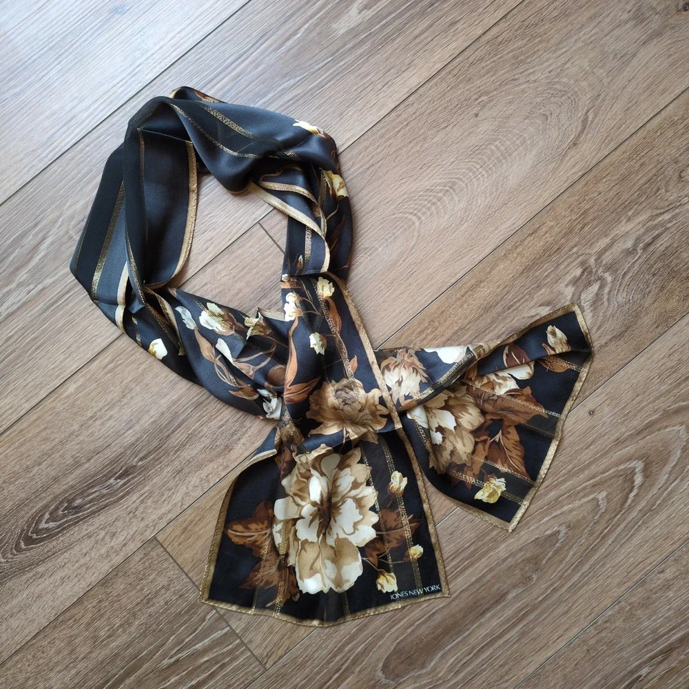 Jones New York Silk Floral Oblong Scarf - Black, Tan,‎ Gold Moody